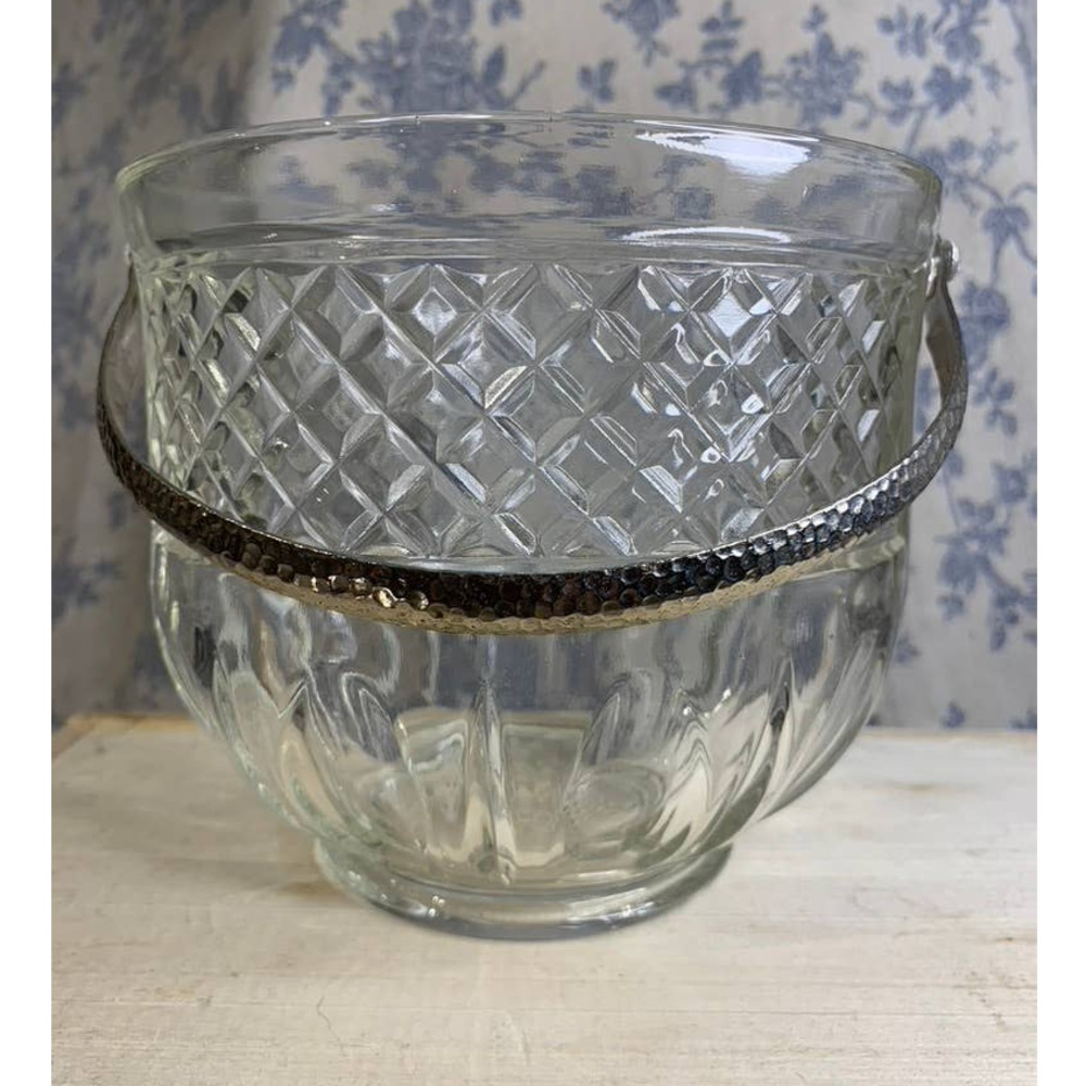 Vintage Glass Ice Bucket with Hammered Silver Handle